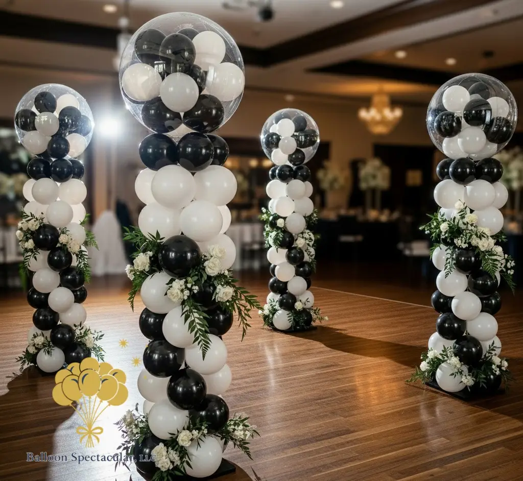 black and white dancefloor columns with florals