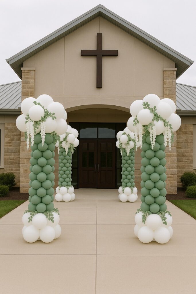 sage green and white columns