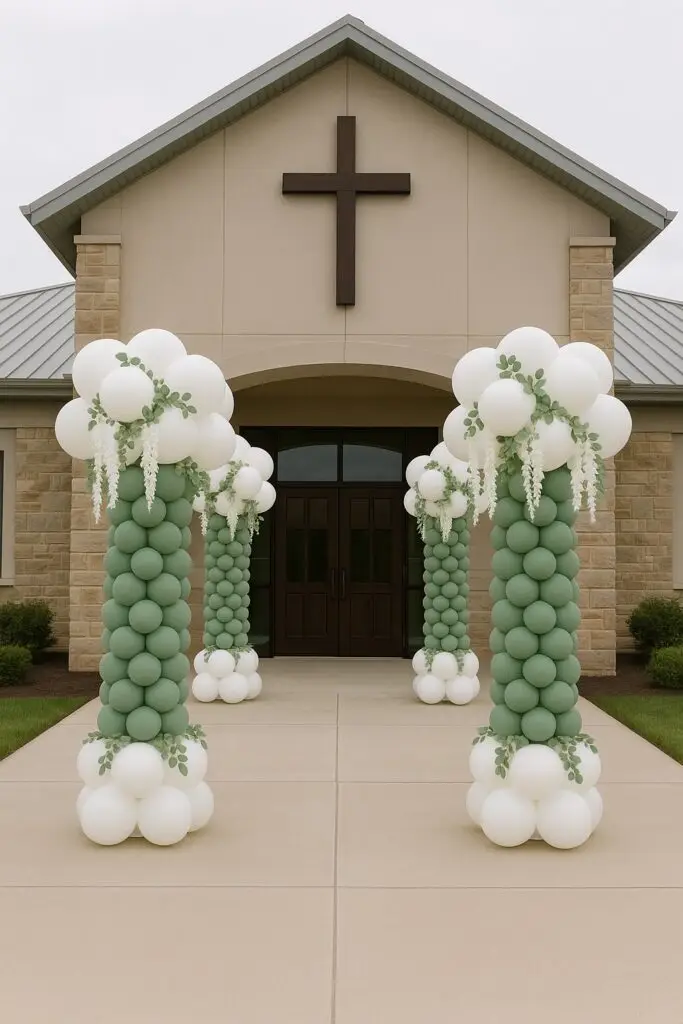 sage green and white columns