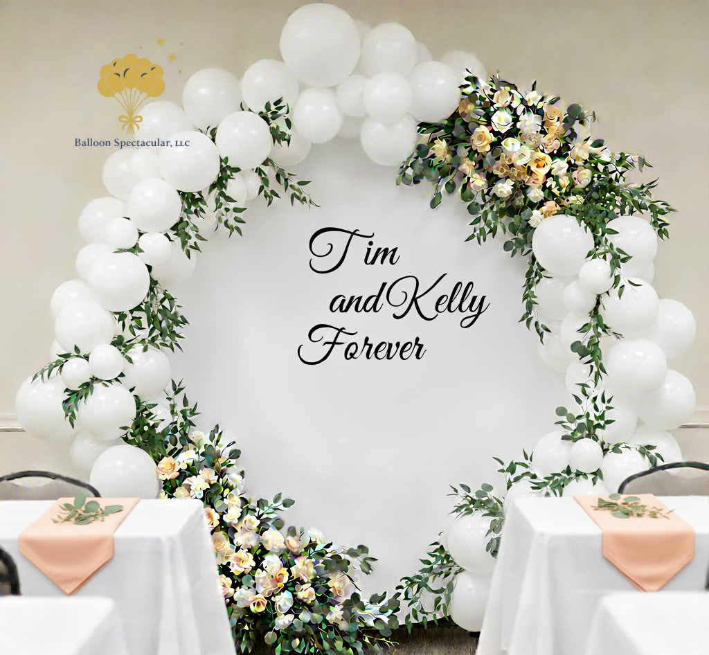 white and floral balloon backdrop